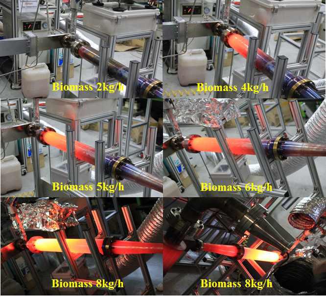 SUS 파이프를 반응기로 이용한 바이오매스 가스화 연구. 바이오매스 주입량에 따른 반응기의 가열정도를 보여주는 사진.