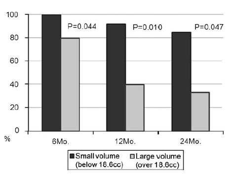 The comparison of pain control rates in the small and large tumor volume groups at 6 months, 1 year, and 2 years after stereotactic radiosurgery.