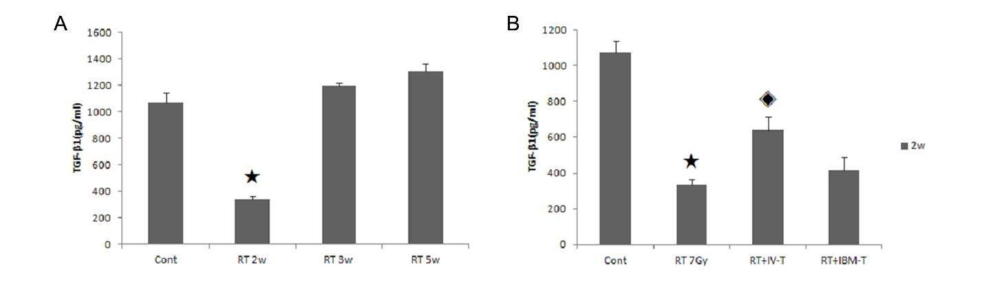 Figure 7. 방사선 피폭 후 혈중 TGF-β1의 변화 및 줄기세포 투여에 의한 조절 효과