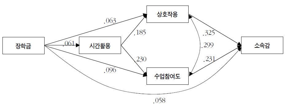 장학금의 소속감 관련 총효과 : 사립대