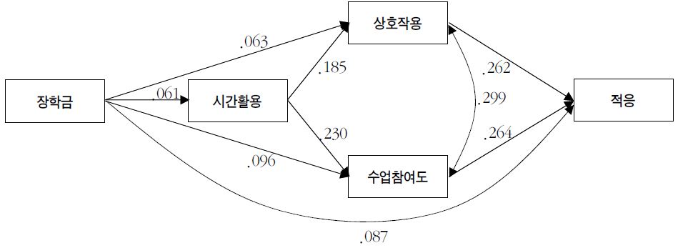 장학금의 적응 관련 총효과 : 사립대