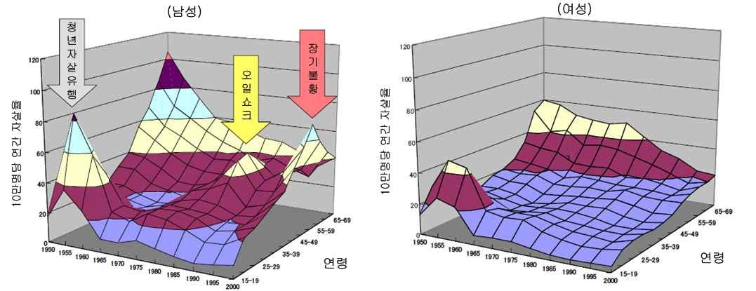 일본의 성별․연령별 자살 사망률 추이