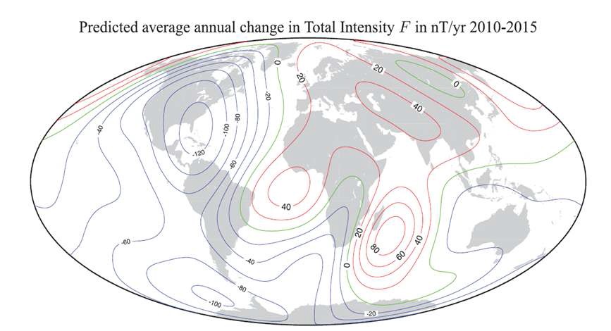 그림 1-1-4. 2010-2015년 5년간의 지구자기장의 변화량 예측값