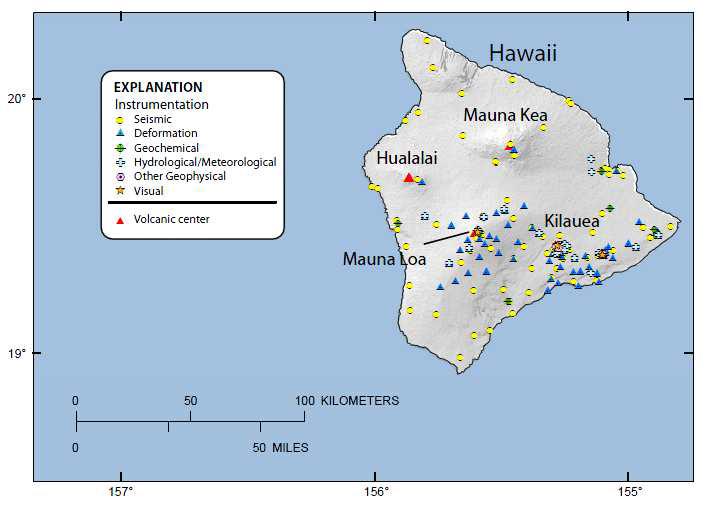 Locations of volcano-monitoring instruments installed at volcanoes in Big island, Hawaii