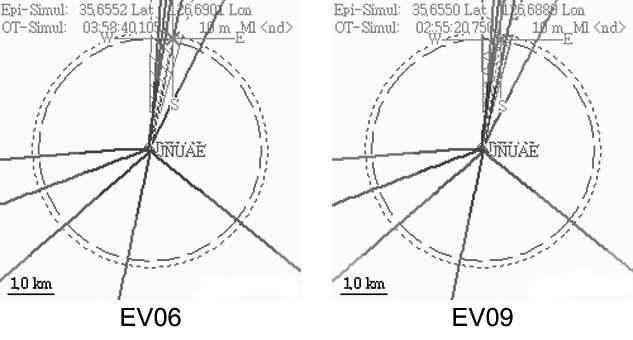 Processing results for the events, EV06 and EV09, of Fig. 3-4-14. Hyperbolae, circles, fans are computed from P onsets, P-S time, and array beams, respectively.