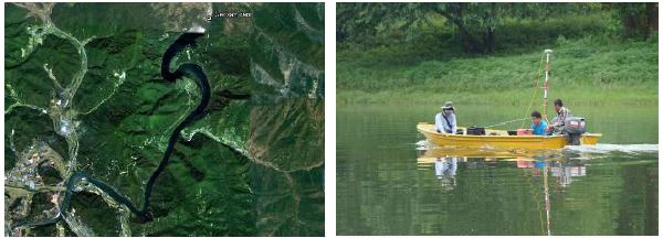 그림 12. 괴산호 유동수치시험 장소 인공위성 사진(Google earth) 및 조사 광경.