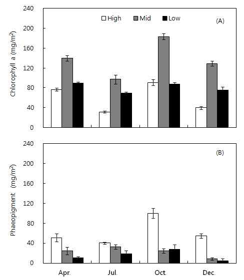 그림 14. chlorophyll a(A)와 phaeopigment(B)의 계절변화.