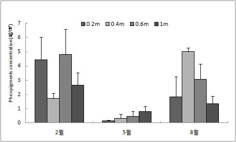 그림 46. 황도리 해수의 수심별 pheopigments 농도 변화.
