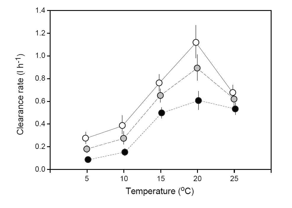 그림 3.2.25. 미덕덕의 건중량에 따른 여수율과 온도의 관계