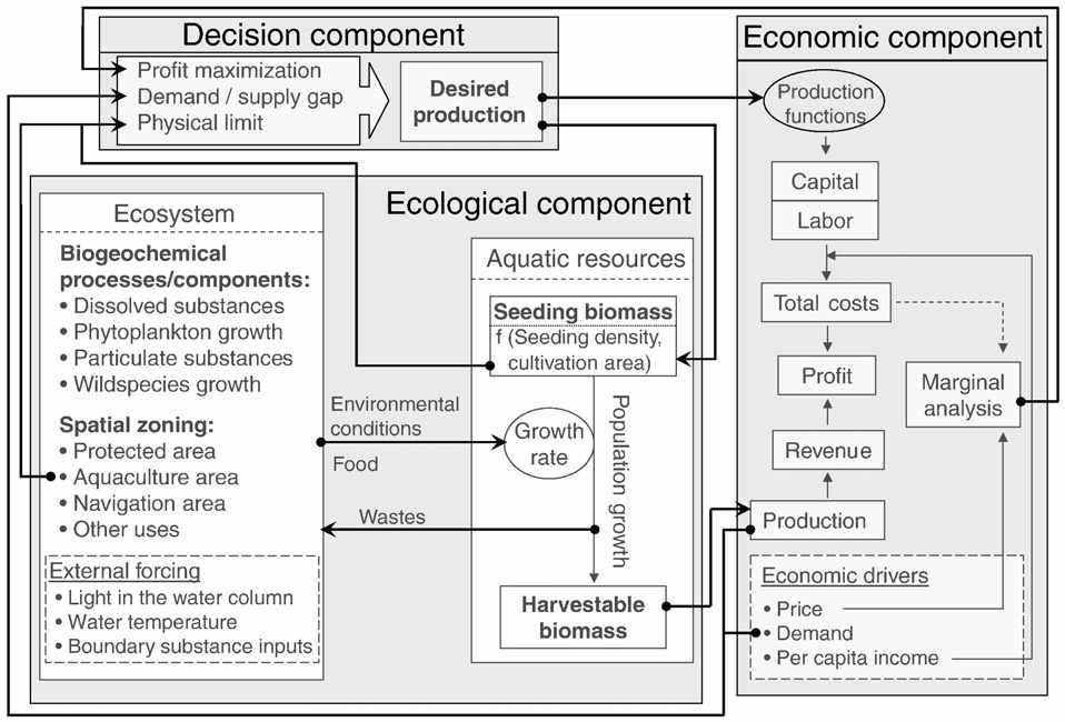 그림 2.2.12 양식장의 생태계-경제적 요소의 상호작용을 고려한 모델링 모식화.