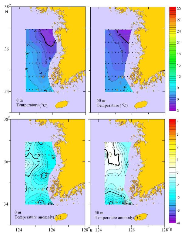 그림 4. 2012년 4월 한국 서해 수온의 수평분포 및 평년편차도