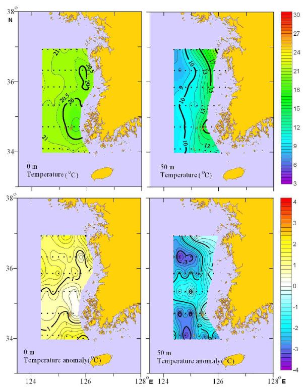 그림 6. 2012년 10월 한국 서해 수온의 수평분포 및 평년편차도