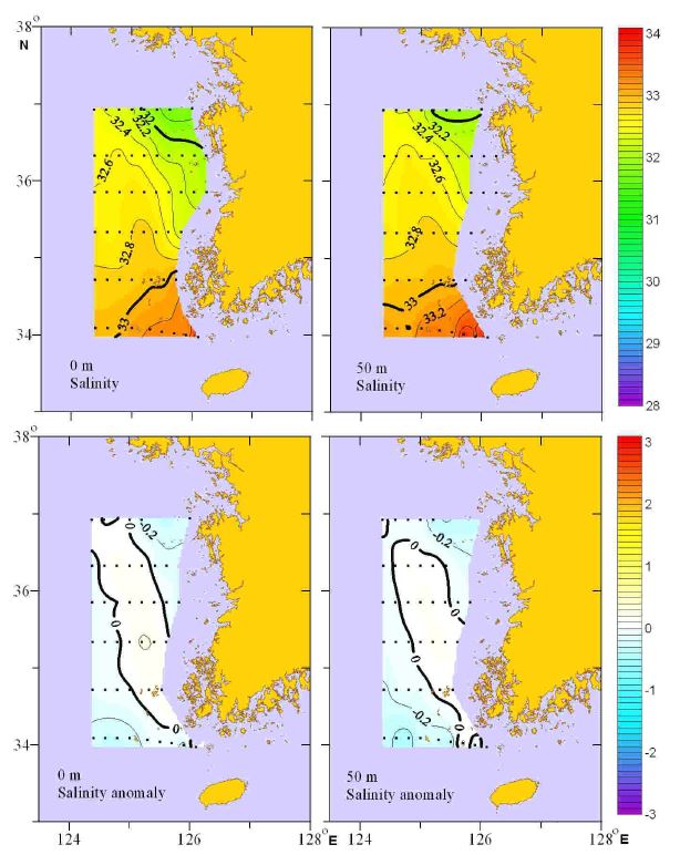 그림 8. 2012년 4월 한국 서해 염분의 수평분포 및 평년편차도
