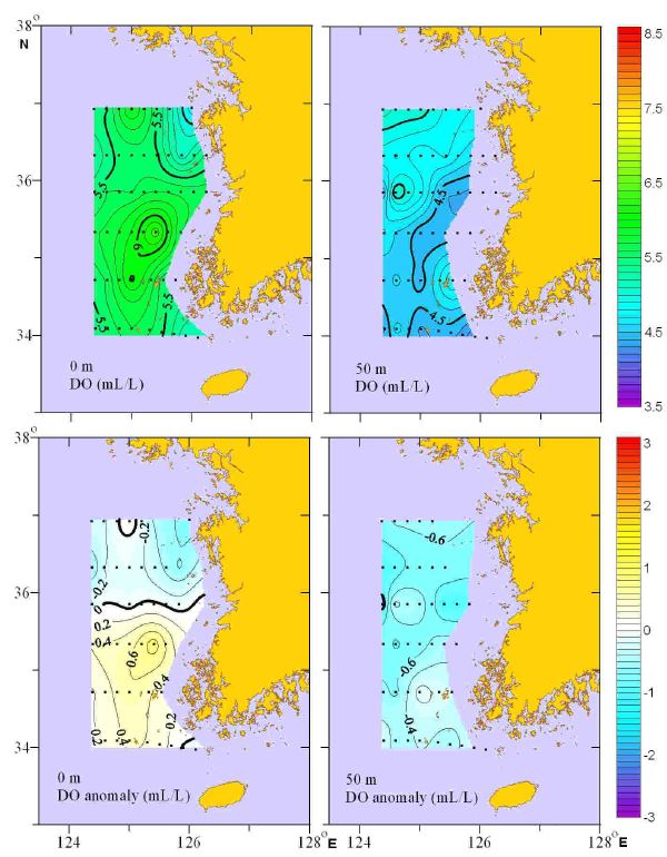 그림 15. 2012년 10월 한국 서해 용존산소의 수평분포 및 평년편차도