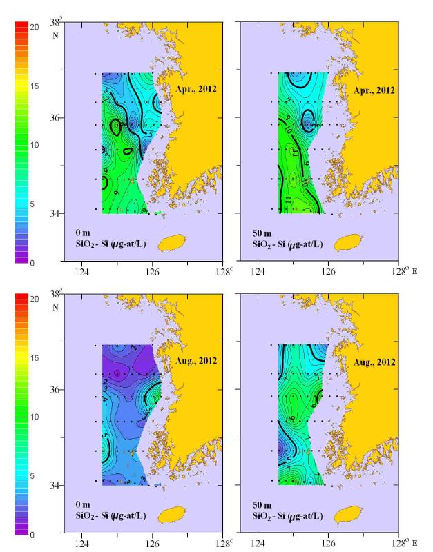 그림 21. 2012 4월과 8월 표층 및 50 m층의 규산 규소 수평분포도