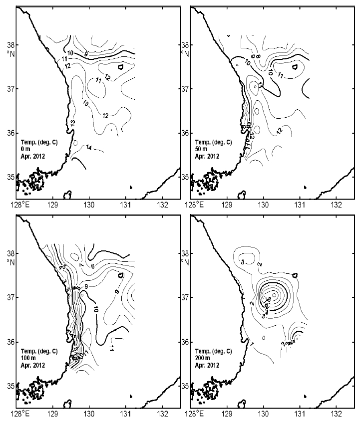 그림 6. 2012년 4월 표층, 50, 100 및 200m층의 수온 수평분포도.