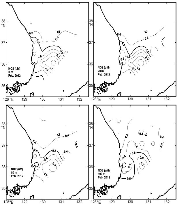 그림 27. 2012년 2월 표층, 20, 50 및 100m층의 아질산질소(NO2-N) 수평분포도