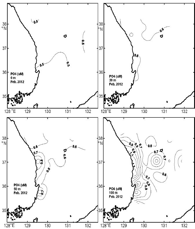 그림 30. 2012년 2월 표층, 20, 50 및 100m층의 인산인(PO4-P) 수평분포도.