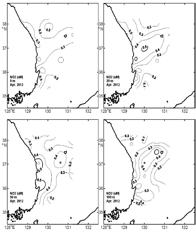 그림 31. 2012년 4월 표층, 20, 50 및 100m층의 아질산질소(NO2-N) 수평분포도.