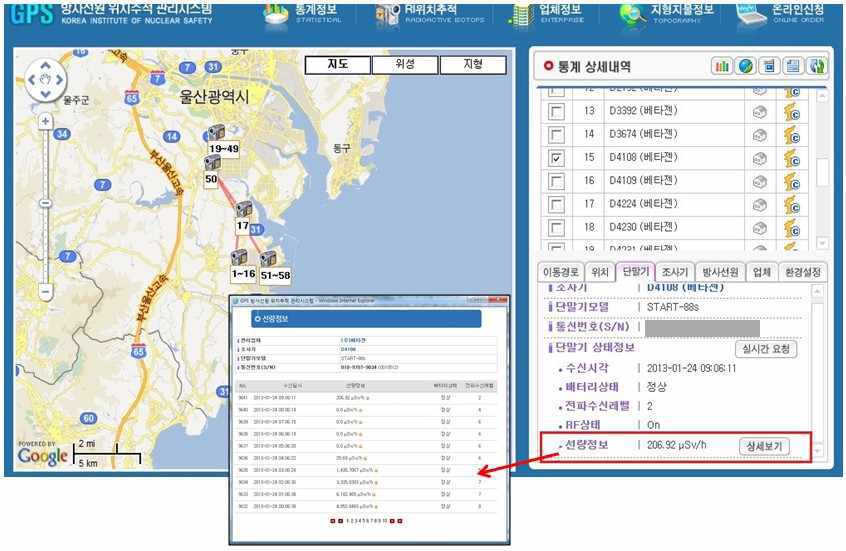 그림 29. 위치추적단말기 선량정보 제공화면