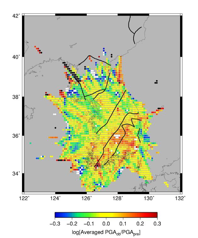 한반도 전체에 대한 PGAob/PGApre값의 분포도