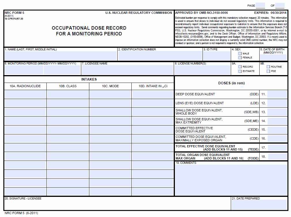그림 22. 미국 원자력규제위원회의 방사선작업종사자 선량관리 결과 제출양식