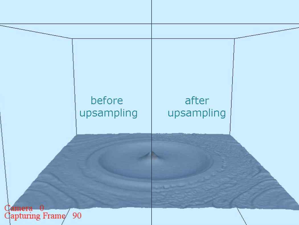 upsampling 사용 전(좌) 보다 upsampling 사용 후의 시뮬레이션 결과(우)가 더 풍부한 유체 표면의 디테일을 보여줌