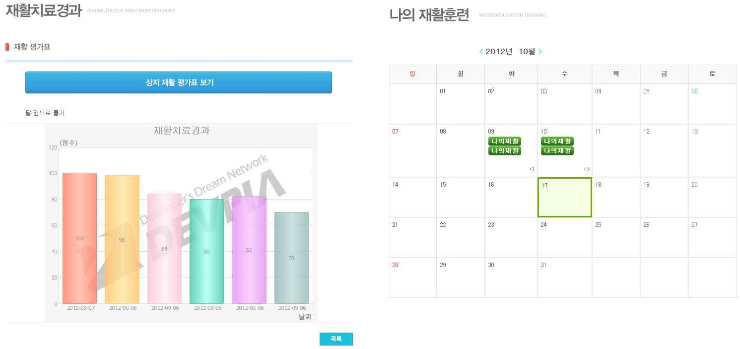 그림 209. Rehab Master 재활치료경과(좌), 나의재활훈련(우) 페이지