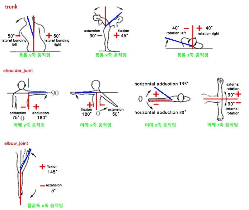 그림 12. 신체관절 Range of Movement의 3차원 좌표계 정의