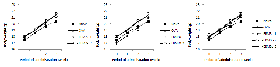 Fig. 20. Changes on body weight during 3-week administration of herbal extracts (EBM79, 80 and 81) in OVA-immunized mice