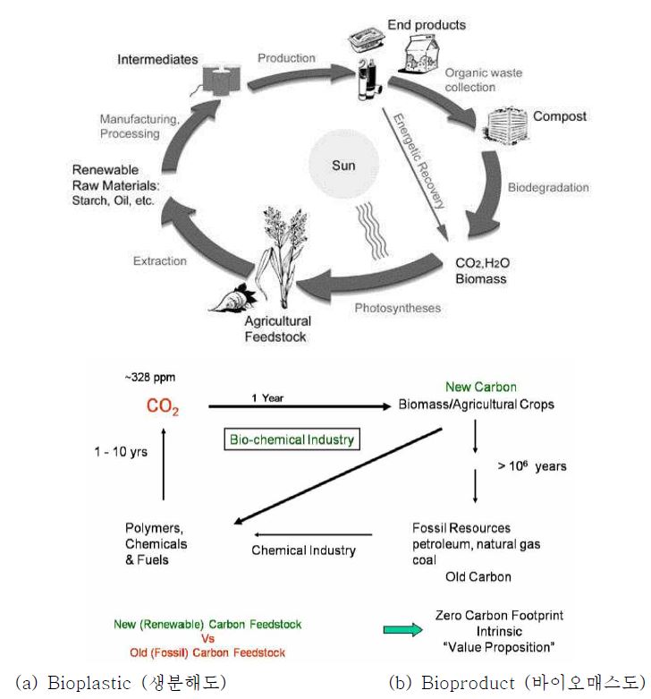 바이오플라스틱의 자원순환(a)과 탄소 순환사이클(b)