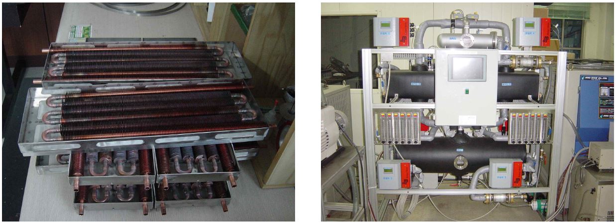 흡착식 냉방 시스템에 사용된 흡착탑과 시스템 사진