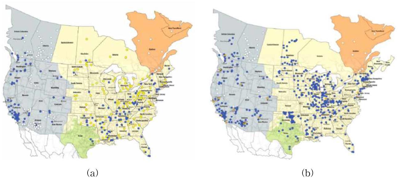 The PMUs installed in North America, (a) year 2009, (b) year 2012.