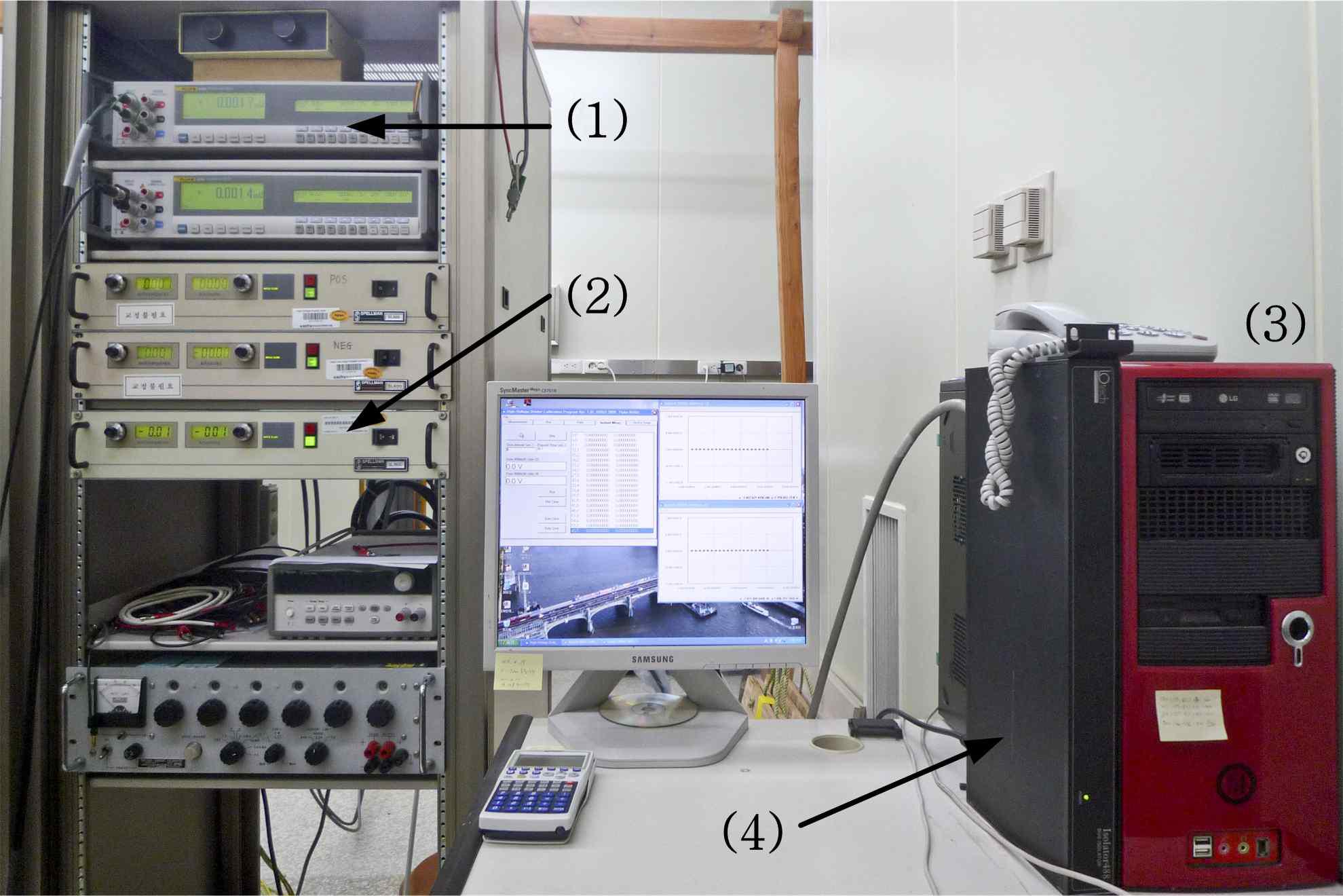 The developed measurement system: (1) multimeter, (2) HV controller, (3) PC, (4) GPIB Isolator