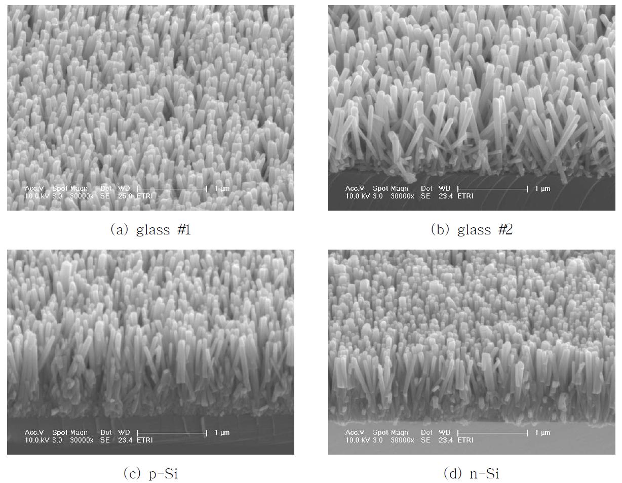 SEM images of ZnO nano-wires on (a) glass #1, (b) glass #2, (c) p-Si and (d) n-Si substrates