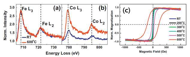 Co2FeAl의 성정 온도에따른 (a),(b) 전자적 특성 및 (c)자기적 특성 변화