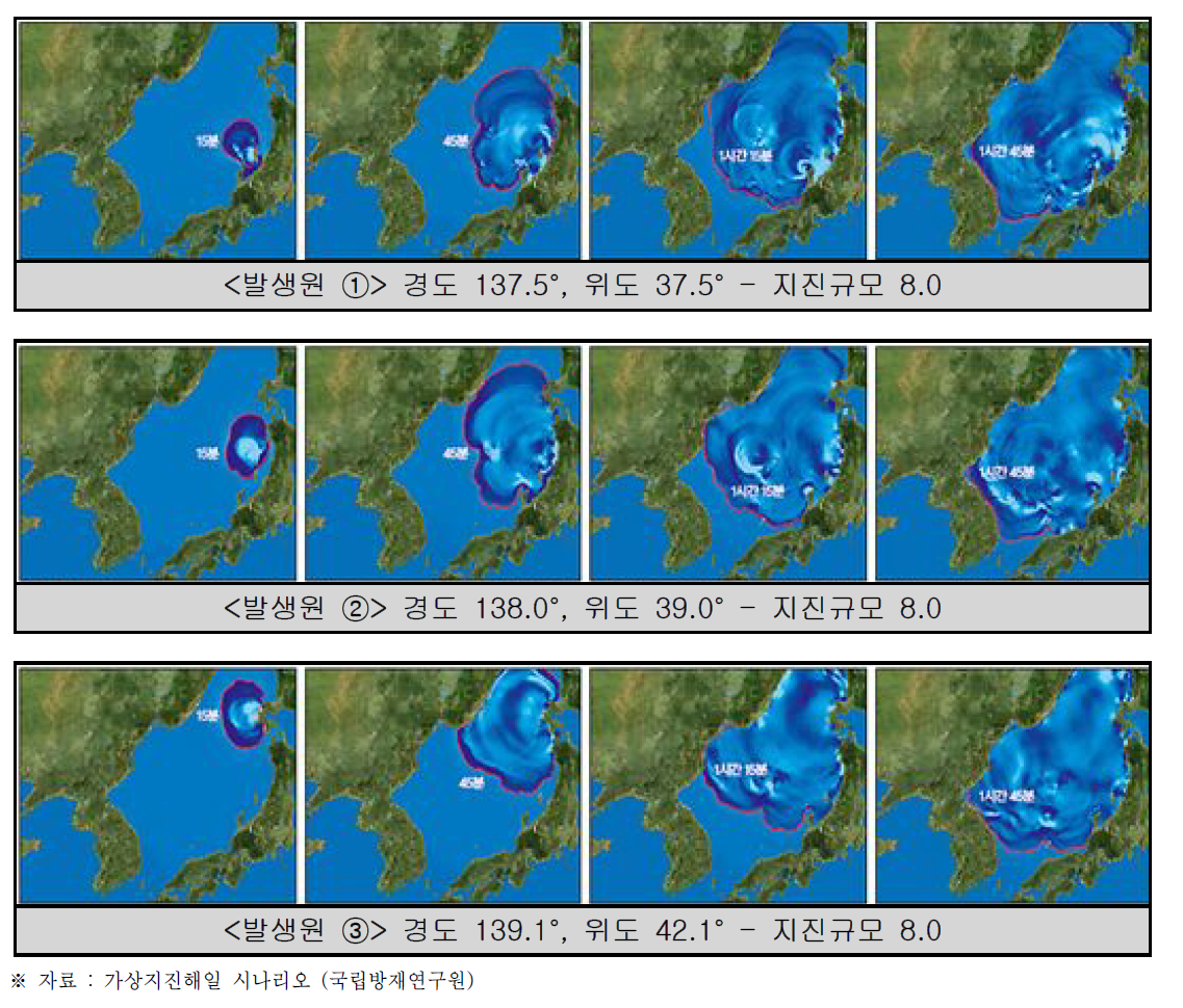 일본에서 지진발생시 해일 전파 시뮬레이션