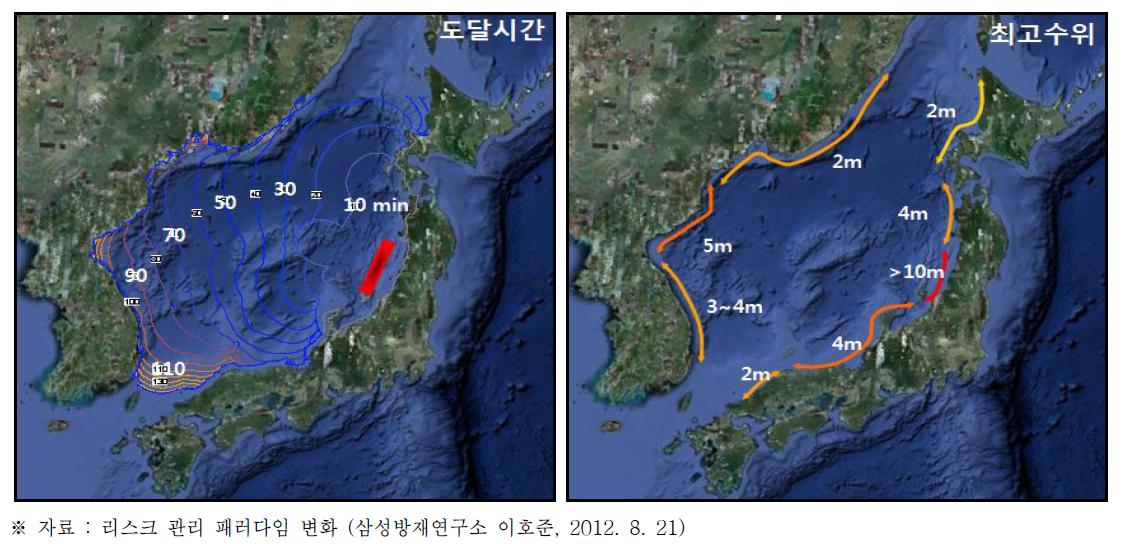 동해에서 예상되는 지진해일의 도달시간과 최고수위