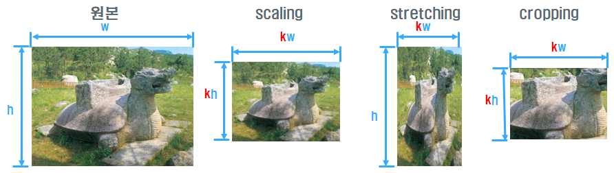 정지영상의 변이 예시: 확대/축소(scaling), 늘림(stretching), 잘림(cropping) 변형