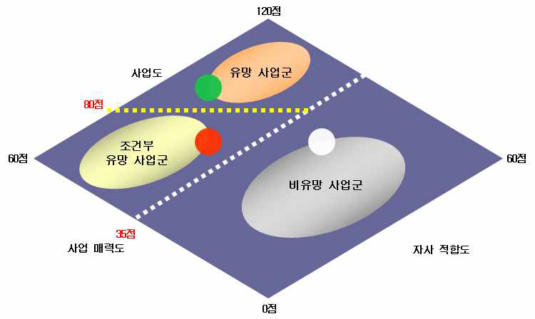 사업매력도(BMO) 평가 결과에 따른 유망사업군 분류