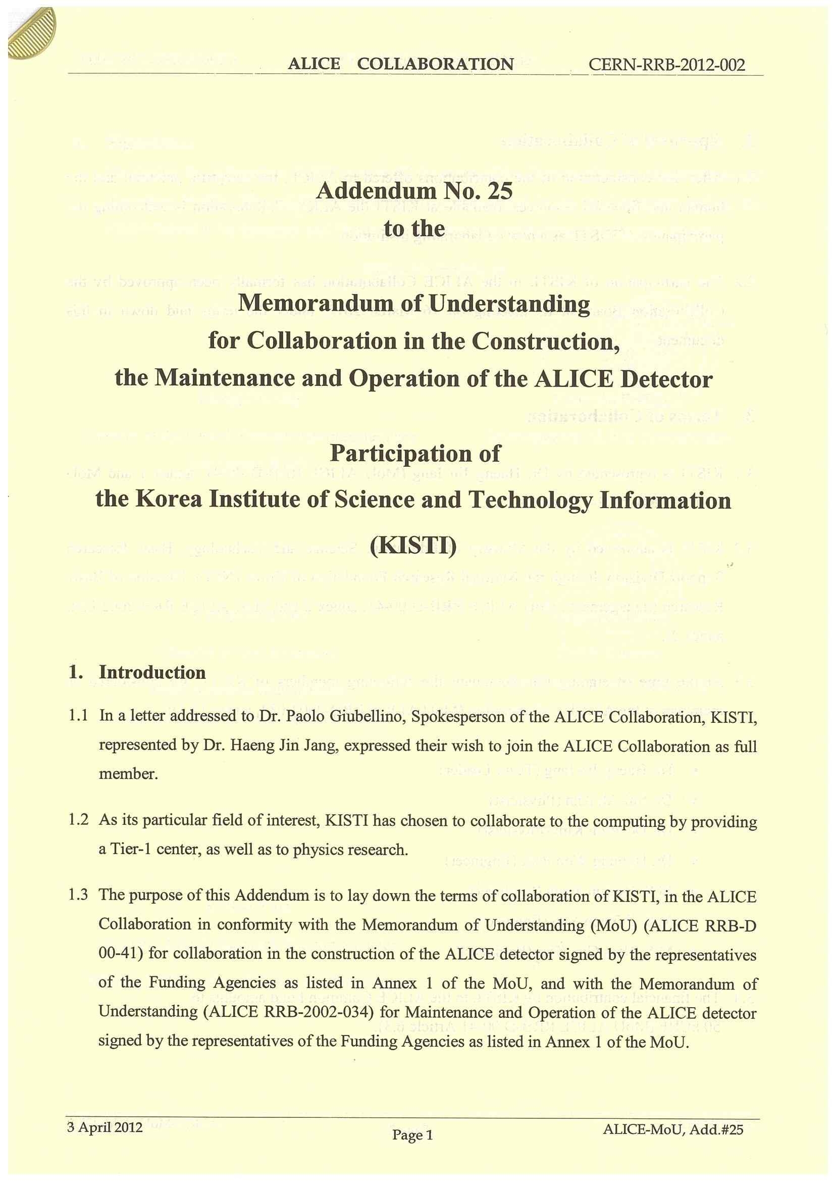 MoU for the ALICE Collaboration: Participation of KISTI (page1)