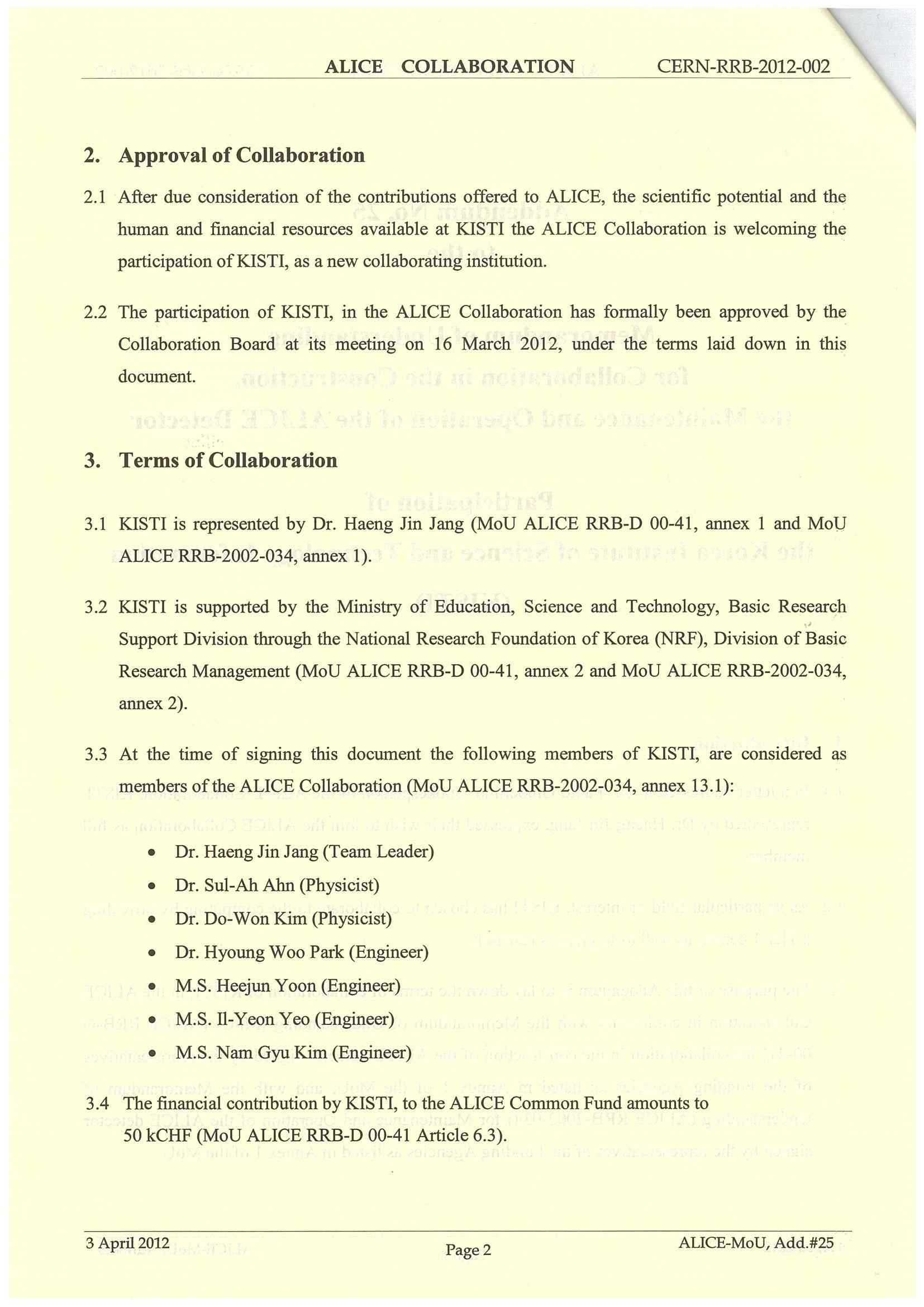 MoU for the ALICE Collaboration: Participation of KISTI (page2)
