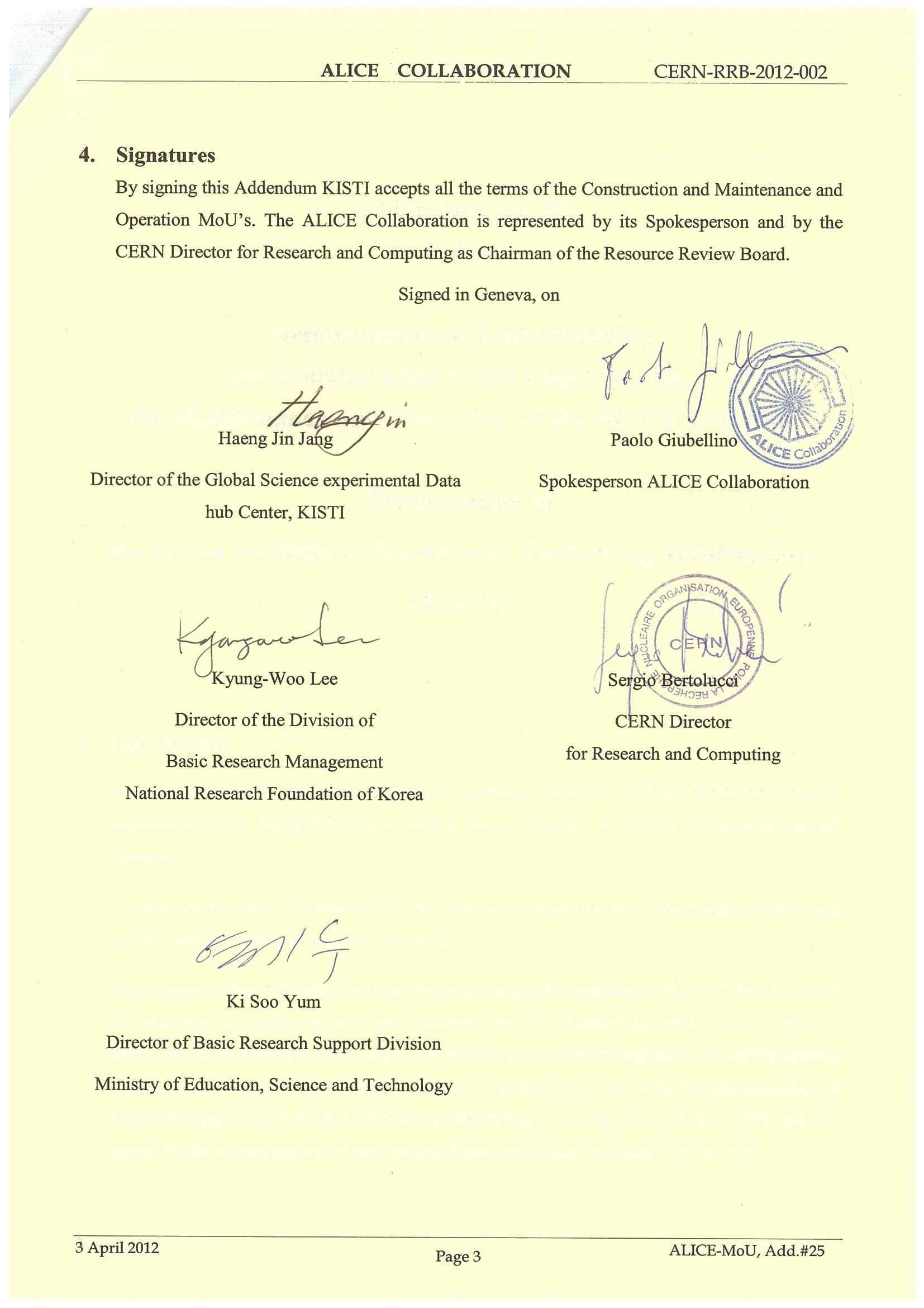 MoU for the ALICE Collaboration: Participation of KISTI (page3)