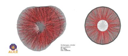 Particle tracks from some of the first collisions of lead nuclei in ALICE