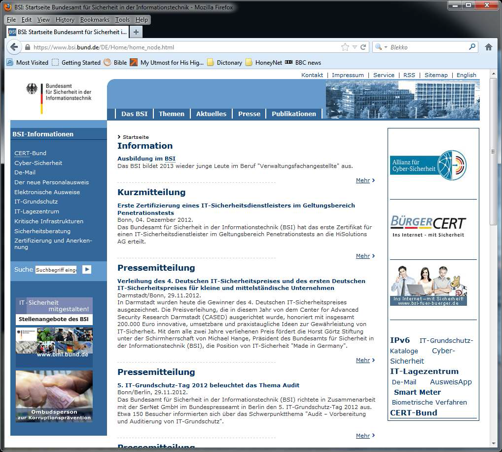 Homepage of BSI