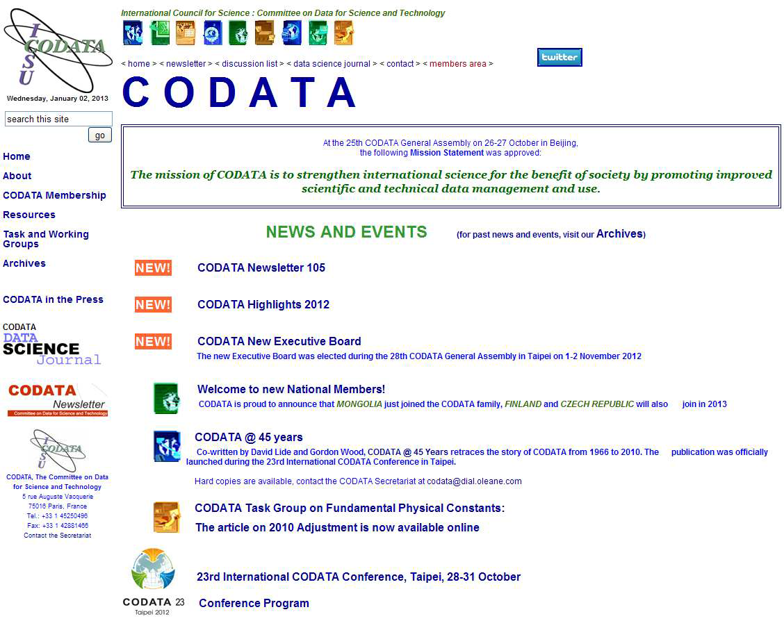 CODATA/ICSU 홈페이지