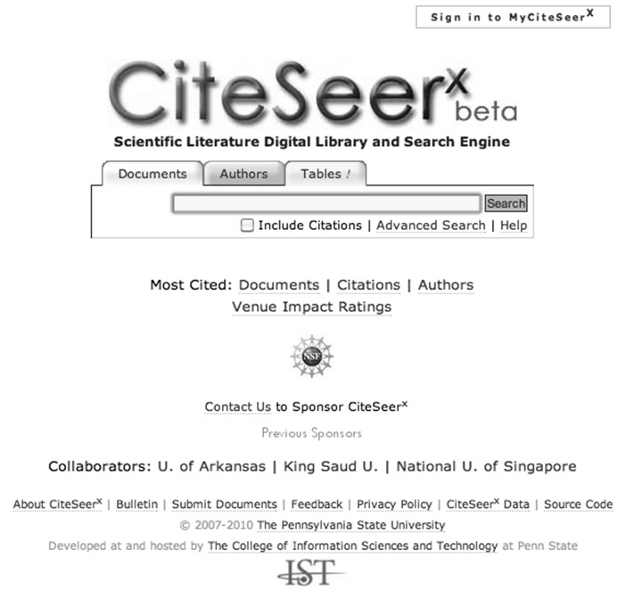 CiteSeerX WebSite’s Main Page