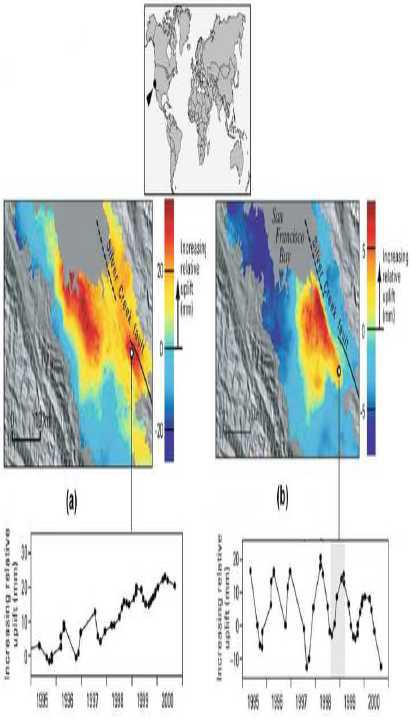 캘리포니아 주 Santa Clara 계곡에서 관측된 지반변형. (a) 92년 9월~99년 10월, (b) 98년 8월~99년 3월