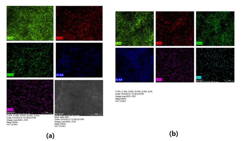 EDAX mapping data for (a) Nafion-SiO2 and (b) Nafion-Al-MCM-41 hybrid membranes.