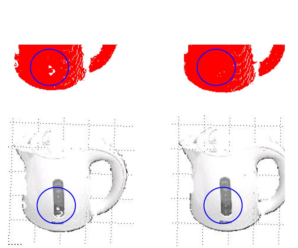 3D 물체 분할 결과: (좌) 기존 depth 맵 잡음 제거 기법, (우) 제안한 depth 맵 잡음 제거 기법